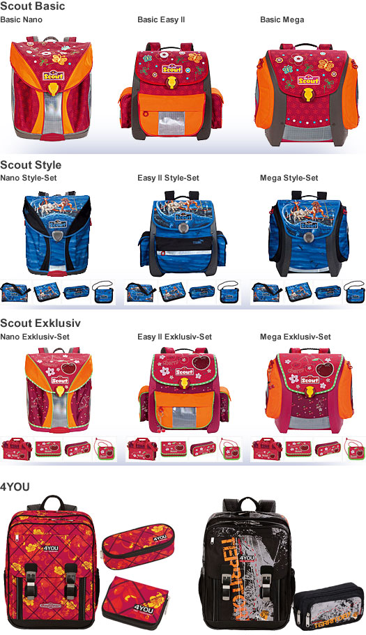 Scout Basic,
Scout Basic Nano, Scout Basic Easy II, Scout Basic Mega,
Scout Style,
Scout Nano Style-Set,
Scout Easys II Style-Set,
Scout Mega Style-Set,
Scout Exklusiv,
Scout Nano Exklusiv-Set,
Scout Easy II Exklusiv-Set,
Scout Mega Exklusiv-Set,
4You